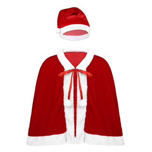 ranrann Mädchen Santa Weihnachtsmann Kurzer Umhang Cape Weihnachtsmütze mit Weißen Besatz Weihnachten Heilig Abend Outfits Geschenk Rot One Size von ranrann