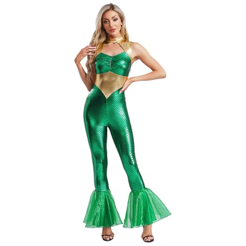 ranrann Meerjungfrau Kostüm Damen Jumpsuit Metallic Overall Ärmellos Schlager Glänzend Halloween Fasching Mottoparty Rollenspiel Kostüm Grün M von ranrann