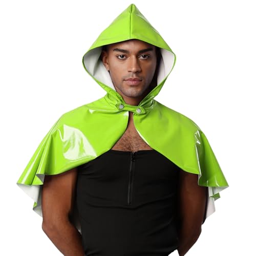 ranrann Mittelalter Umhang Herren Cape Kurz Kapuzenumhang Lackleder Poncho Steampunk Punk Kostüm Karneval Fasching Leuchtendes Grün Einheitsgröße von ranrann