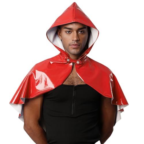 ranrann Mittelalter Umhang Herren Cape Kurz Kapuzenumhang Lackleder Poncho Steampunk Punk Kostüm Karneval Fasching Rot Einheitsgröße von ranrann