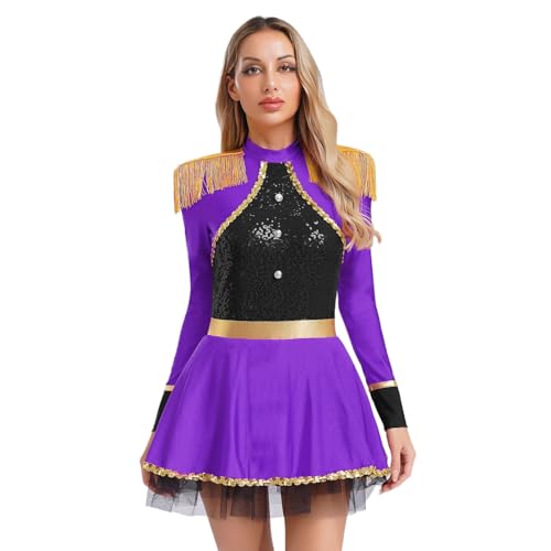 ranrann Zirkus Kostüm Damen Glitzer Langarm Kleid mit Schulter Fransen Trikotanzug Rollenspiel Halloween Fasching Karneval Kostüm Violett L von ranrann