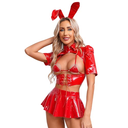 renvena Bunny Kostüm Frauen Sexy Häschen Cosplay Outfit Lack Leder Dessous Set Crop Top Oberteil mit Bikini BH Minirock Reizwäsche Clubwear B Rot L von renvena