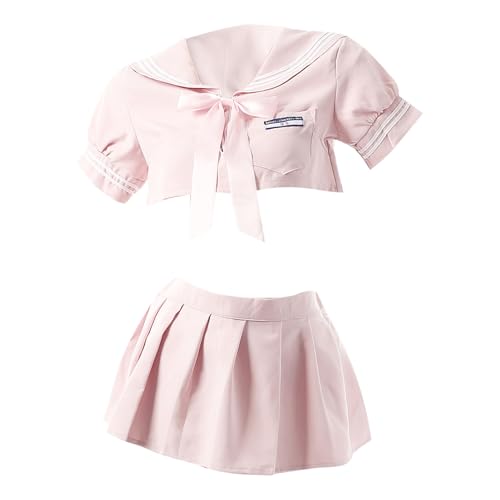 renvena Damen 2tlg. Schuluniform Outfit Schulmädchen Rollenspiel Kostüm Crop Top Oberteil Plissee Rock Kurz mit Schleife Faschingkostüm Rosa L renvena Damen 2tlg. Schuluniform Outfit Schulmädchen Rollenspiel Kostüm Crop Top Oberteil Plissee Rock Kurz mit Schleife Faschingkostüm Rosa L von renvena
