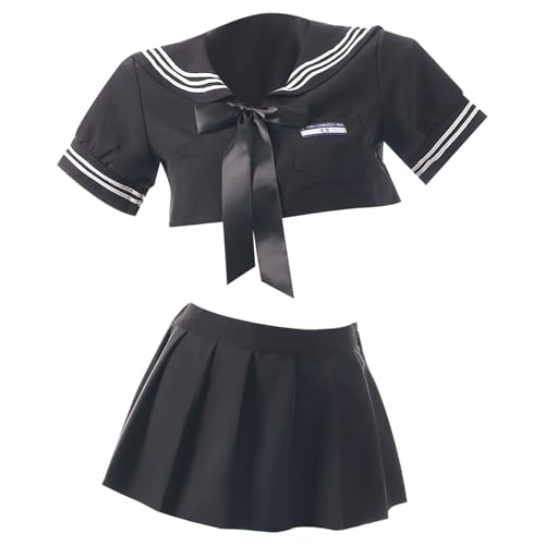 renvena Damen 2tlg. Schuluniform Outfit Schulmädchen Rollenspiel Kostüm Crop Top Oberteil Plissee Rock Kurz mit Schleife Faschingkostüm Schwarz M von renvena