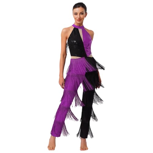 renvena Damen 70er Jahre Disco Tanz Kostüm Neckholder Jumpsuit Lang Einteiler Overall mit Quasten Swing Fasching Mottopary Violett M renvena Damen 70er Jahre Disco Tanz Kostüm Neckholder Jumpsuit Lang Einteiler Overall mit Quasten Swing Fasching Mottopary Violett M von renvena