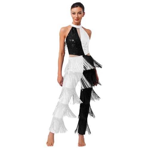 renvena Damen 70er Jahre Disco Tanz Kostüm Neckholder Jumpsuit Lang Einteiler Overall mit Quasten Swing Fasching Mottopary Weiß XL von renvena