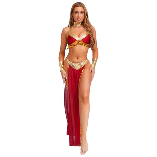 renvena Damen Ägyptische Göttin Kostüm Crop Top Oberteil Maxirock mit Halsband Ärmeln Fasching Karneval Kostüm Cosplay Outfit Burgundy M von renvena