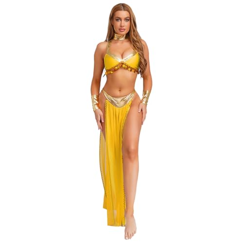 renvena Damen Ägyptische Göttin Kostüm Crop Top Oberteil Maxirock mit Halsband Ärmeln Fasching Karneval Kostüm Cosplay Outfit Gelb S von renvena