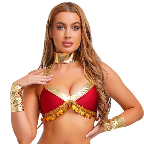 renvena Damen Ägyptische Göttin Kostüm Tank Top Kurz Glänzend Oberteil mit Armband Mottoparty Cosplay Outfit Fasching Karneval Kostüm Burgundy L von renvena