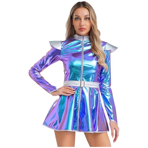 renvena Damen Alien Kostüm Space Girl Cosplay Outfit Langarm Minikleid Metallic Kleider Shiny Mottoparty Fasching Karneval Kostüm Blau 3XL von renvena