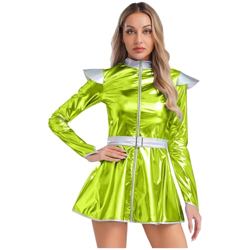 renvena Damen Alien Kostüm Space Girl Cosplay Outfit Langarm Minikleid Metallic Kleider Shiny Mottoparty Fasching Karneval Kostüm Grün XL von renvena