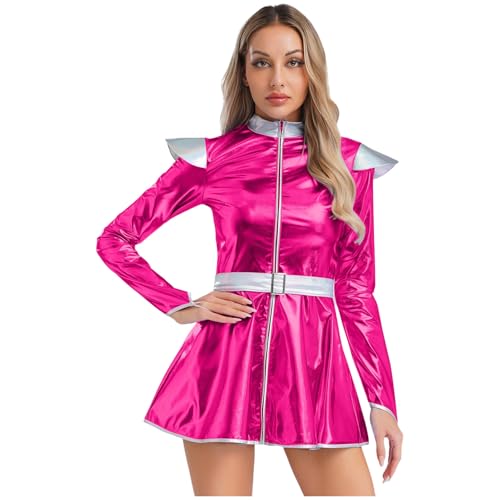 renvena Damen Alien Kostüm Space Girl Cosplay Outfit Langarm Minikleid Metallic Kleider Shiny Mottoparty Fasching Karneval Kostüm Hot Pink L von renvena