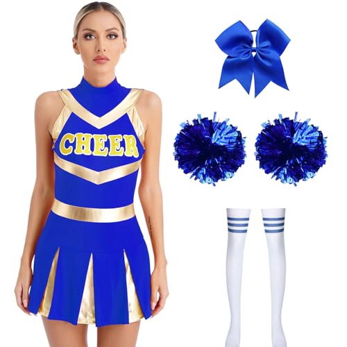 renvena Damen Cheer Leader Kostüm Cheerleading Tanz Outfit Minikleid mit Pompoms Haarschmuck Sexy High School Uniform Cosplay Outfit A Königsblau_5tlg. A L von renvena