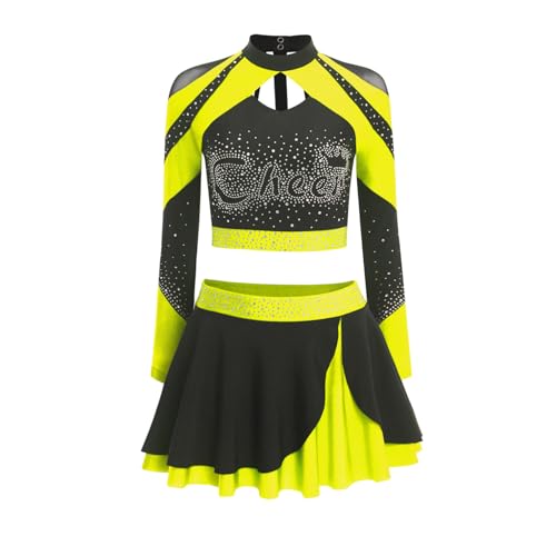 renvena Damen Cheer Leader Kostüm Schulmädhcen Uniform Tanz Outfit Set Langarmshirt Kurz Minirock Faltenrock mit Glitzern Mottoparty Kostüm Fluoreszierendes Gelb XXL renvena Damen Cheer Leader Kostüm Schulmädhcen Uniform Tanz Outfit Set Langarmshirt Kurz Minirock Faltenrock mit Glitzern Mottoparty Kostüm Fluoreszierendes Gelb XXL von renvena