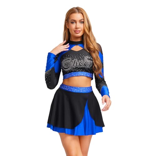 renvena Damen Cheer Leader Kostüm Schulmädhcen Uniform Tanz Outfit Set Langarmshirt Kurz Minirock Faltenrock mit Glitzern Mottoparty Kostüm Königsblau XL von renvena