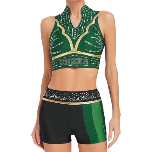 renvena Damen Cheer Leader Kostüm Tanztop Ärmellos Crop Top Kurze Hose Shorts Tanzshorts Tanzkleidung für Halloween Karneval Mottoparty Grün XL renvena Damen Cheer Leader Kostüm Tanztop Ärmellos Crop Top Kurze Hose Shorts Tanzshorts Tanzkleidung für Halloween Karneval Mottoparty Grün XL von renvena