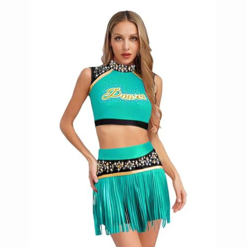 renvena Damen Cheer Leader Uniform Kostüm Cheerleaderin Cosplay Outfit Crop Top Kurz mit Tanzshorts Hosenrock für Mottoparty Fasching Grün XXL von renvena