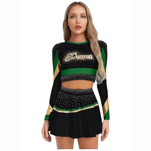 renvena Damen Cheerleading Outfit Zweiteiler Tanzkostüm Crop Top Bauchfrei Langarmshirt Minirock Kurz Faltenrock Fasching Halloween Kostüm Grün XXL von renvena