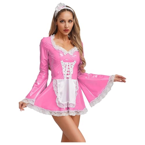 renvena Damen Dienstmädchen Kleid Lack Leder Minikleid Langarm A-Linie Kleid mit Ausgestellten Ärmeln Haarschmuck Maid Uniform Kostüm Rosa 3XL von renvena