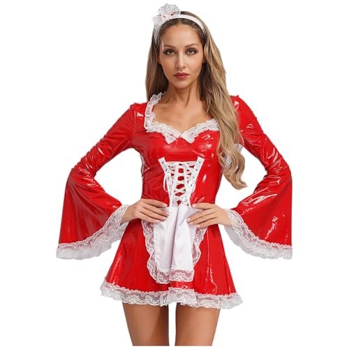 renvena Damen Dienstmädchen Kleid Lack Leder Minikleid Langarm A-Linie Kleid mit Ausgestellten Ärmeln Haarschmuck Maid Uniform Kostüm Rot XXL von renvena