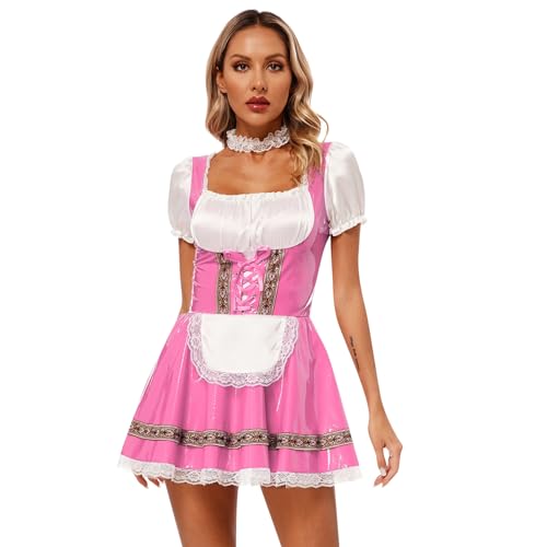 renvena Damen Dirndl Kleid Oktoberfest Kostüm Sexy Dienstmädchen Cosplay Outfit Minikleid mit Halsband Halloween Fasching Rosa L von renvena
