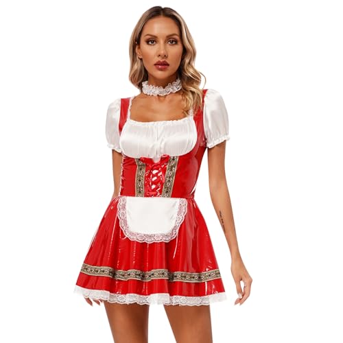 renvena Damen Dirndl Kleid Oktoberfest Kostüm Sexy Dienstmädchen Cosplay Outfit Minikleid mit Halsband Halloween Fasching Rot XXL von renvena