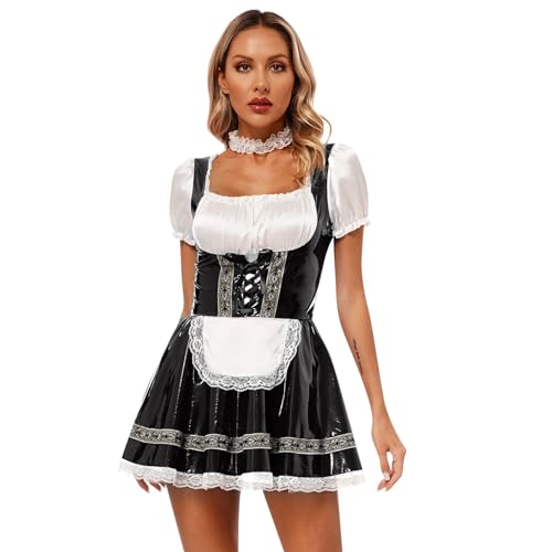 renvena Damen Dirndl Kleid Oktoberfest Kostüm Sexy Dienstmädchen Cosplay Outfit Minikleid mit Halsband Halloween Fasching Schwarz L von renvena