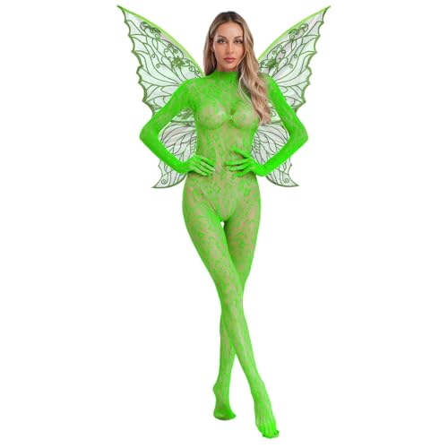 renvena Damen Fee Kostüm Transparent Bodystocking Body mit Schmetterling Flügeln Mottoparty Kostüm Grün Einheitsgröße von renvena