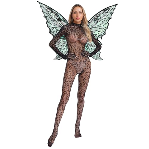 renvena Damen Fee Kostüm Transparent Bodystocking Body mit Schmetterling Flügeln Mottoparty Kostüm Schwarz Einheitsgröße von renvena