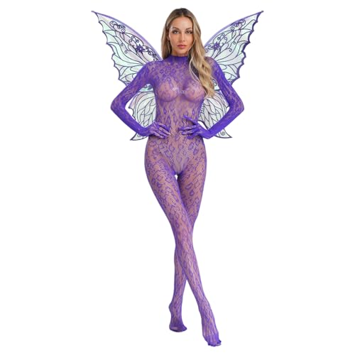 renvena Damen Fee Kostüm Transparent Bodystocking Body mit Schmetterling Flügeln Mottoparty Kostüm Violett Einheitsgröße renvena Damen Fee Kostüm Transparent Bodystocking Body mit Schmetterling Flügeln Mottoparty Kostüm Violett Einheitsgröße von renvena