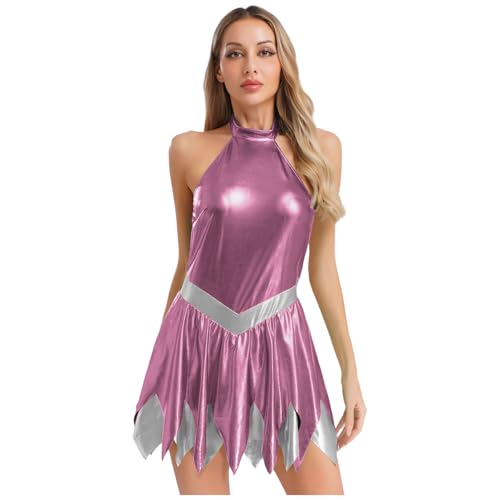 renvena Damen Feen Kostüm Waldfee Cosplay Outfit Metallic Minikleid Ärmellos A-Linie Kleid Rückenfrei Fasching Karneval Rollenspiel Kostüm Rosa XXL von renvena