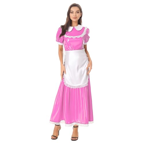 renvena Damen French Maid Uniform Kostüm Kurzarm PU Leder Maxikleid mit Schürze Cosplay Outfit Halloween Fasching Kostüm Rosa L renvena Damen French Maid Uniform Kostüm Kurzarm PU Leder Maxikleid mit Schürze Cosplay Outfit Halloween Fasching Kostüm Rosa L von renvena