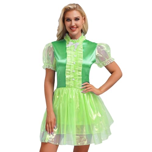renvena Damen Glänzend Dienstmädchen Kleid Kurzarm Minikleid Babydoll Unterwäsche Maid Uniform Cosplay Verkleidung Outfit Grün XXL von renvena