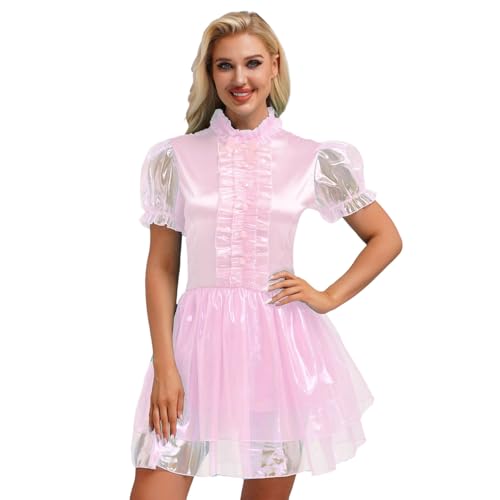 renvena Damen Glänzend Dienstmädchen Kleid Kurzarm Minikleid Babydoll Unterwäsche Maid Uniform Cosplay Verkleidung Outfit Rosa 3XL von renvena