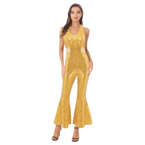 renvena Damen Glänzend Jumpsuit Ämellos Lang Pailletten Overall mit V-Ausschnitt Retro Disco Hippe Kostüm Mottoparty Halloween Gold L von renvena