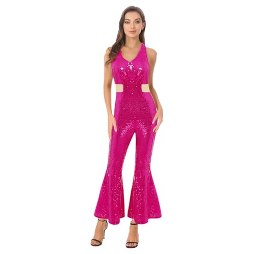 renvena Damen Glänzend Jumpsuit Ämellos Lang Pailletten Overall mit V-Ausschnitt Retro Disco Hippe Kostüm Mottoparty Halloween Hot Pink L von renvena