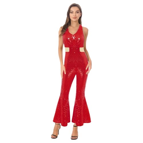 renvena Damen Glänzend Jumpsuit Ämellos Lang Pailletten Overall mit V-Ausschnitt Retro Disco Hippe Kostüm Mottoparty Halloween Rot XXL von renvena