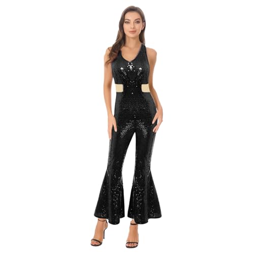 renvena Damen Glänzend Jumpsuit Ämellos Lang Pailletten Overall mit V-Ausschnitt Retro Disco Hippe Kostüm Mottoparty Halloween Schwarz XL von renvena