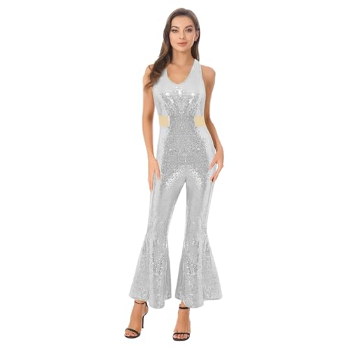 renvena Damen Glänzend Jumpsuit Ämellos Lang Pailletten Overall mit V-Ausschnitt Retro Disco Hippe Kostüm Mottoparty Halloween Silber XXL von renvena