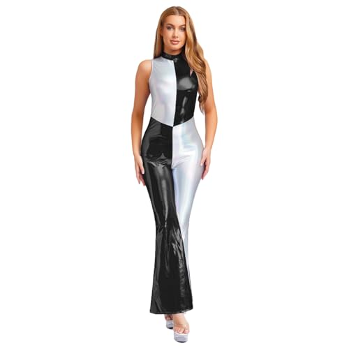 renvena Damen Glänzend Jumpsuit Einteiler Body Ärmellos Farbblock Overall Schlager Hippe Disco Kostüm Halloween Fasching Karneval Schwarz XL renvena Damen Glänzend Jumpsuit Einteiler Body Ärmellos Farbblock Overall Schlager Hippe Disco Kostüm Halloween Fasching Karneval Schwarz XL von renvena