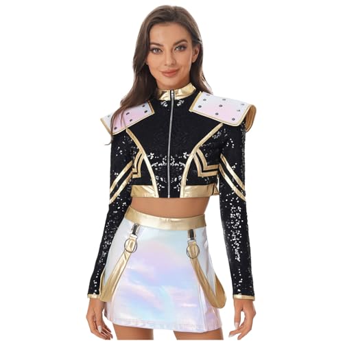 renvena Damen Glänzend Show Tanz Outfit Jäger Kostüm Langarm Oberteil Minirock Rock Halloween Fasching Karneval Kostüm Schwarz L von renvena