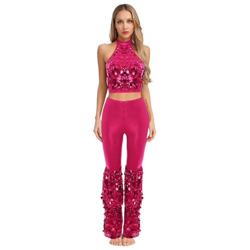 renvena Damen Glitzer Disco Kostüm Zweiteilger 70er Hippe Kostüm Pailletten Crop Top Bauchfrei Schlaghose Mottoparty Karneval Hot Pink L renvena Damen Glitzer Disco Kostüm Zweiteilger 70er Hippe Kostüm Pailletten Crop Top Bauchfrei Schlaghose Mottoparty Karneval Hot Pink L von renvena