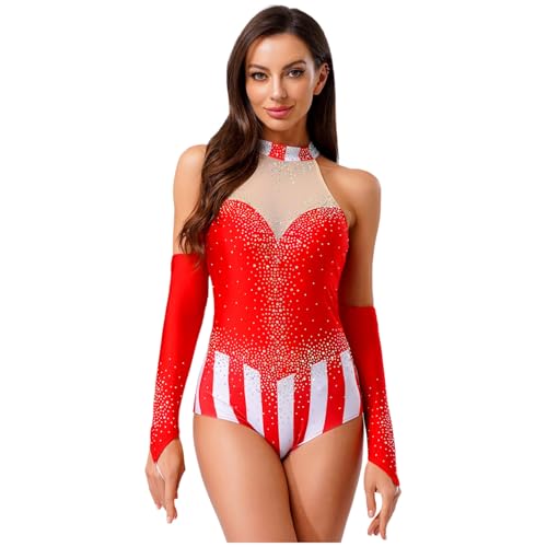 renvena Damen Glitzer Zirkusdirektor Rollenspiel Kostüm Bodysuit Overall Ärmelstulpen Halloween Party Fasching Outfits Rot 3XL von renvena