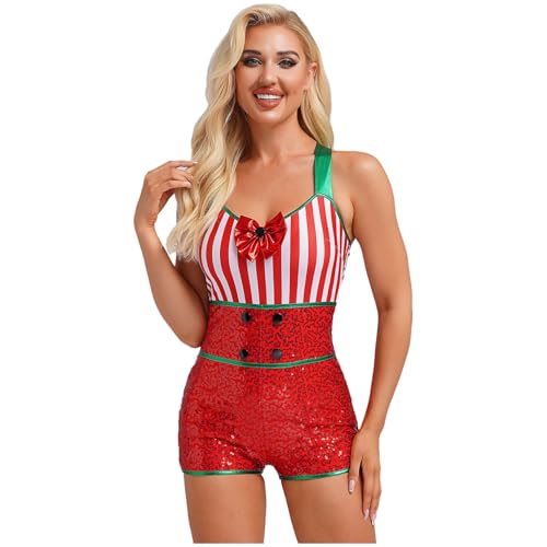 renvena Damen Glitzer Zuckerstangen Kostüm Weihnachten Outfit Ärmellos Bodysuit Trikot Gestreift Body Jumpsuit Fasching Karneval Kostüm Rot M von renvena
