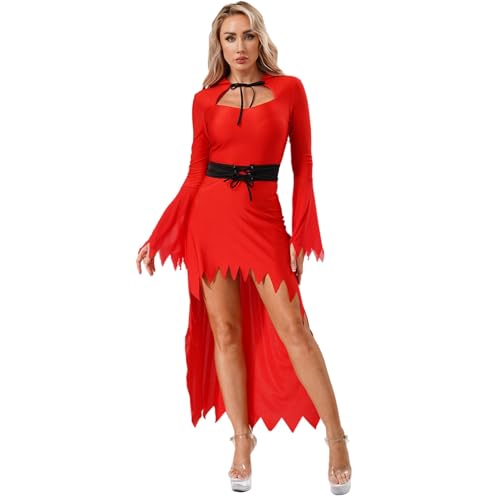 renvena Damen Halloween Teufelin Kleid Satan Teufel Kostüm Lange Maxikleid Vokuhila Kleid mit Kapuze Taliiengürtel Fasching Karneval Cosplay Outfit Rot XL von renvena