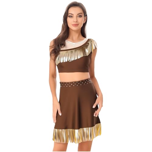 renvena Damen Indianerin Ureinwohner Kostüm Halloween Mottoparty Cosplay Outfit Quasten Tank Top mit Minirock Fasching Halloween Umber L von renvena