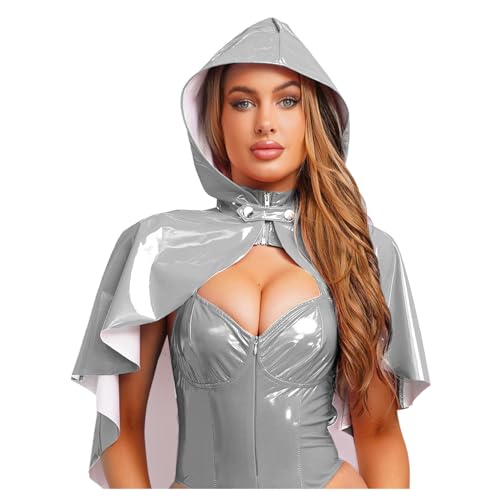 renvena Damen Kapuzenumhang Kurz Lackleder Cape Hooded Umhang mit Druckknopf Vintage Gothic Punk Kostüm Silber Einheitsgröße renvena Damen Kapuzenumhang Kurz Lackleder Cape Hooded Umhang mit Druckknopf Vintage Gothic Punk Kostüm Silber Einheitsgröße von renvena