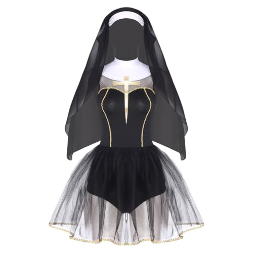 renvena Damen Klosterschwester Nonne Kostüm Tutu Kleid mit Kopf Schleier Halloween Fasching Erwachsene Rollenspiel Outfit Schwarz M von renvena