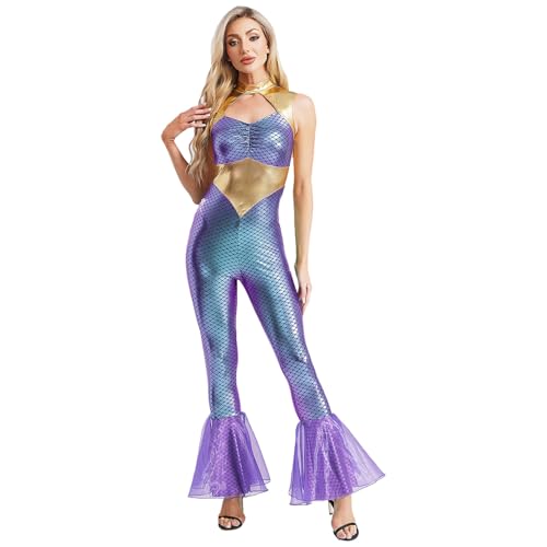 renvena Damen Meerjungfrau Bodysuit Ärmellos Overall Glänzend Jumpsuit mit Fischschuppen Muster Rollenspiel Verkleidung Faschingkostüme Violett 3XL von renvena