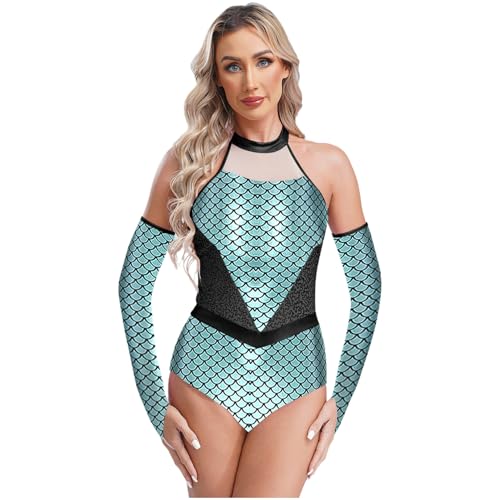 renvena Damen Meerjungfrau Kostüm Glänzend Metallic Bodysuit Ärmellos Body mit Armstulpen Shiny Fasching Karneval Rollenspiel Kostüm Mintgrün L von renvena